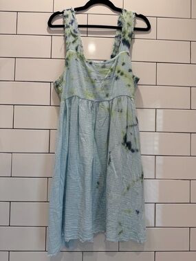 NWOT - NATURAL LIFE Tie-Dye Cotton Gauze Sundress with Green & Navy Accents